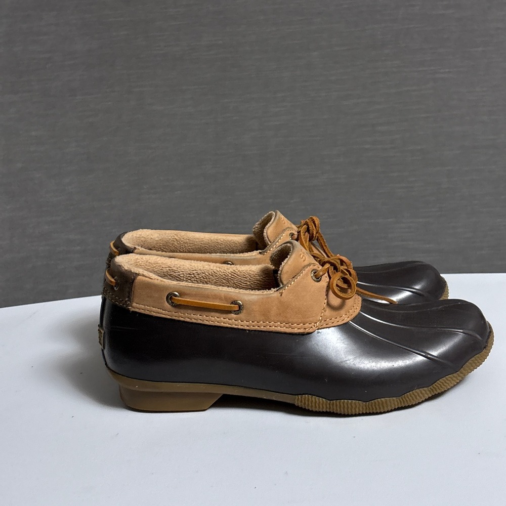 Sperry Duck Shoes Womens 11 Tan Leather Rubber Low Top Saltwater Rain Boots - Picture 7 of 12